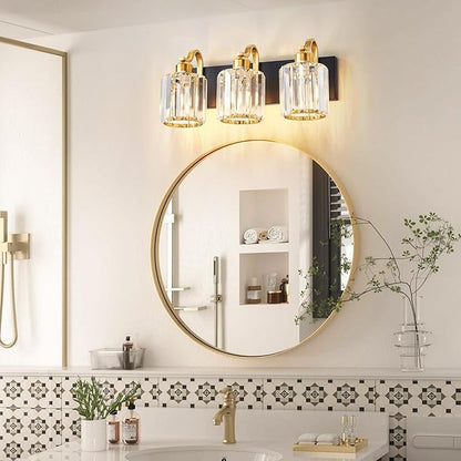 Modern Crystal Bathroom Vanity Lights, Black and Gold 3-Lights Bathroom Light Fixtures Over Mirror, Crystal Wall Lighting for for Mirror Bedroom Living Room (Exclude Bulb)