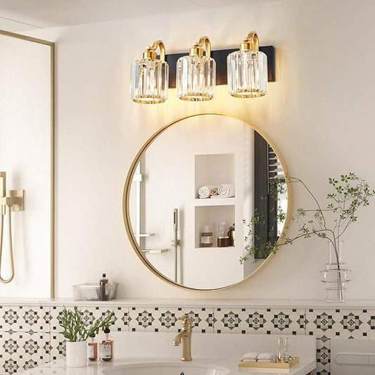 Modern Crystal Bathroom Vanity Lights, Black and Gold 3-Lights Bathroom Light Fixtures Over Mirror, Crystal Wall Lighting for for Mirror Bedroom Living Room (Exclude Bulb)