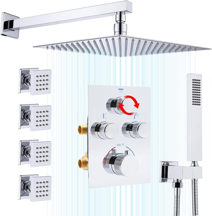 Rain Shower System,12 Inch Wall Mounted Rain Shower Head with Body Jets and Handheld Shower, Push Button Thermostatic Shower Faucet Set, Can Use all Options at a Time, Polished chrome