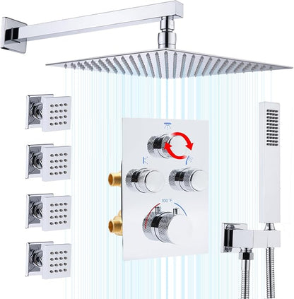 Rain Shower System,12 Inch Wall Mounted Rain Shower Head with Body Jets and Handheld Shower, Push Button Thermostatic Shower Faucet Set, Can Use all Options at a Time, Polished chrome