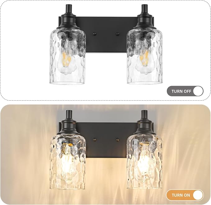 Bathroom Light Fixtures Over Mirror, 2 Lights Vanity Lights with Hammered Glass Shade, 12.7" Matte Black Farmhouse Bathroom Light Fixtures for Bedroom, Porch, Hotel, Mirror Cabinet
