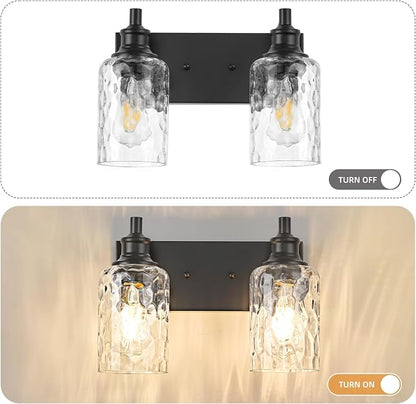 Bathroom Light Fixtures Over Mirror, 2 Lights Vanity Lights with Hammered Glass Shade, 12.7" Matte Black Farmhouse Bathroom Light Fixtures for Bedroom, Porch, Hotel, Mirror Cabinet