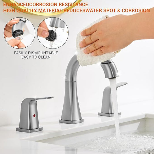 Brushed Nickel Bathroom Faucet with Sprayer - Rotatable Bathroom Faucets for Sink 3 Holes, 8In Widespread Bathroom Pull Down Faucet, 2-Handle Vanity Faucet with Pull Out Sprayer 360 Swivel