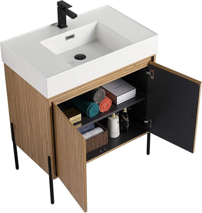 Crownpoint 30 Inch Bathroom Vanity with Sink, White Sink, Bright Oak Finish, Full Assembly Required, Elegant Bathroom Vanities for Modern Homes