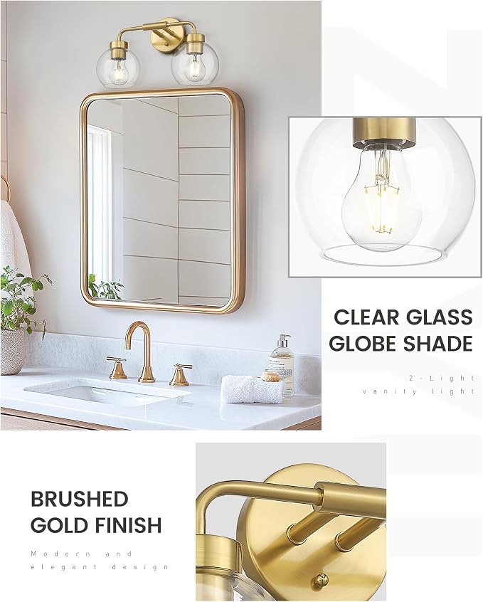 zeyu 16 Inch Wall Sconce Lighting for Bathroom, Gold Bathroom Vanity Light, 2-Light Vanity Lights with Clear Glass Globe Glass, Brushed Gold Finish, ZS62BG-2W BG