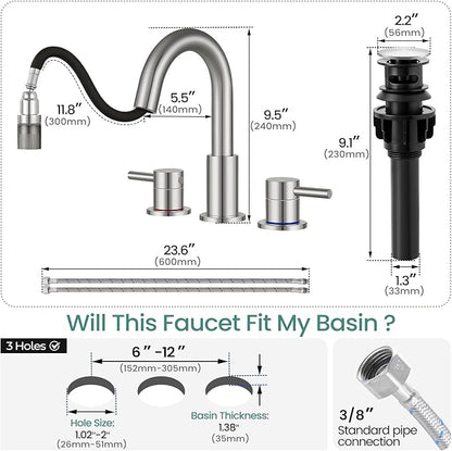 Brushed Nickel Pull Down Bathroom Faucet 3 Hole with Pop Up Drain, Bathroom Sink Faucet with Pull Down Sprayer 2 Modes, 8 inch Widespread Gold Faucet for Bathroom Sink, 2 Handle Vanity Faucet