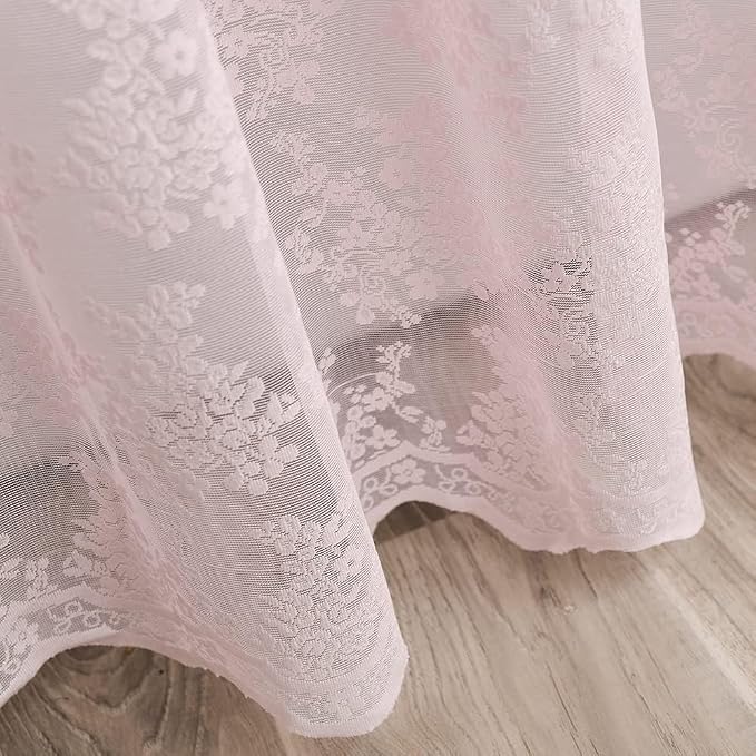 Pink Lace Shower Curtain 36x72, Cute Girly Half Size with Attached Valance | Vintage Floral Lace and Scalloped Trim Filter Soft Light for Romantic Shabby Chic Style in Stalls, RVs and Small bathrooms