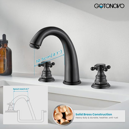 gotonovo Widespread Bathroom Sink Faucet 3 Hole Oil Rubbed Bronze,No Label | Vintage 8’’ Bathroom Faucet,2 Cross Handle,6-16’’ Sink,Vanity,RV,Farmhouse,SUS304,24’’ cUPC Hose,Pop Up Drain,Deck Mount