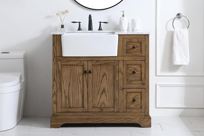 36" Pre-Assembled Bathroom Vanity with Sink, Solid Birch and MDF, Carrara White Marble Countertop Attached, Single Rectangle Porcelain Sink, 3 Soft-Close Drawers, Driftwood