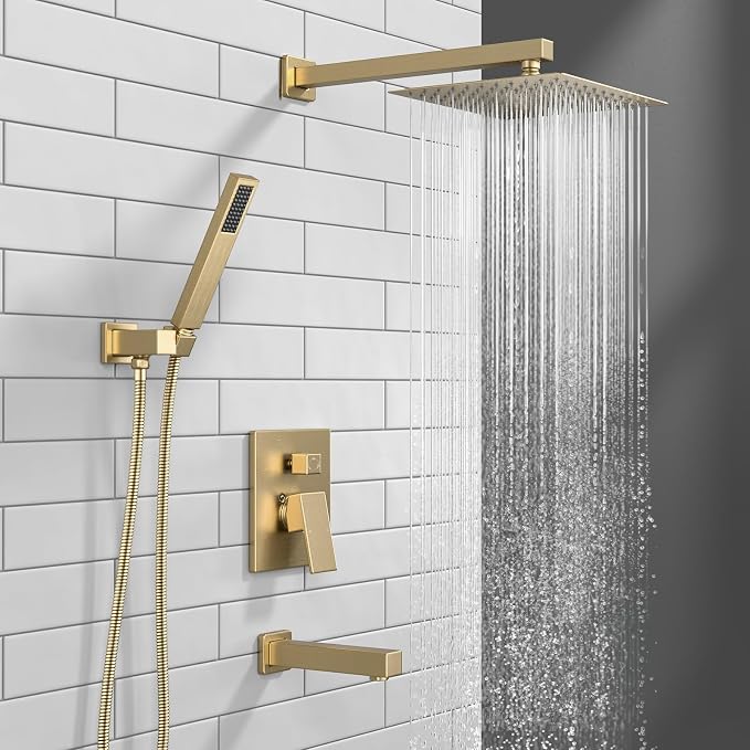 Lava Odoro Modern 3-Setting Square Shower and Tub Faucet Set with Shower Head and Handheld Sprayer Gold, Rainfall Shower System with Tub Spout, Shower Valve Trim Kit, Champagne Gold, SF103-CB-T