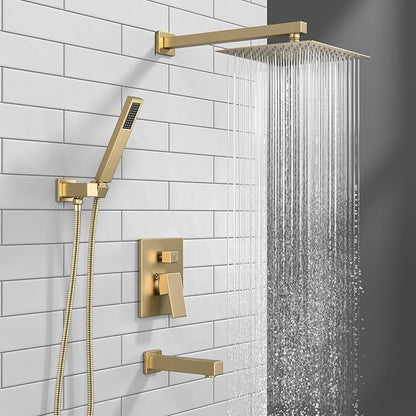 Lava Odoro Modern 3-Setting Square Shower and Tub Faucet Set with Shower Head and Handheld Sprayer Gold, Rainfall Shower System with Tub Spout, Shower Valve Trim Kit, Champagne Gold, SF103-CB-T