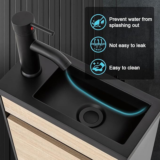 UEV 16" Small Bathroom Vanity, Black & Natural Mixed with Ceramic Sink, Frosted Black Faucet P-Trap (Wall Mounted)