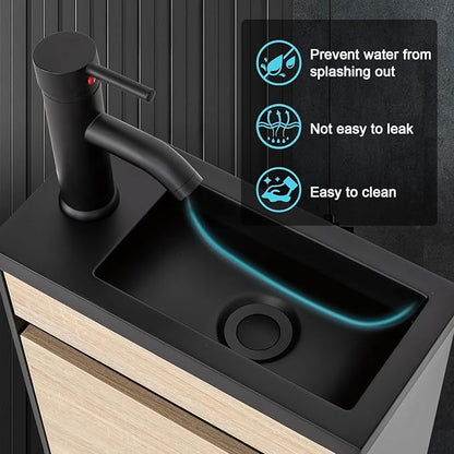 UEV 16" Small Bathroom Vanity, Black & Natural Mixed with Ceramic Sink, Frosted Black Faucet P-Trap (Wall Mounted)