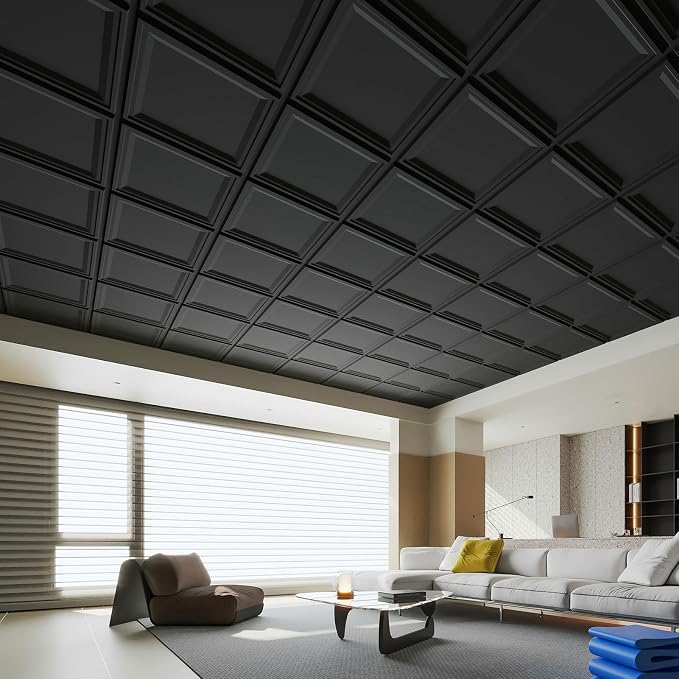 WOWSTAR 12-Pack 24"x24" Drop Ceiling Tiles, Waterproof Glue up Ceiling Panels, Black | PVC ceiling panels, 24"x24", waterproof, glue-up install, basement kitchen bathroom, 12-pack, set C