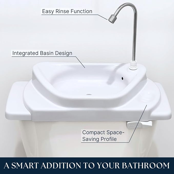 Sinkology SinkPositive GreenFlow Toilet Tank Sink, Water Saving Retrofit | Turns toilet tank lid into a handwashing sink, no plumbing needed, reuses rinse water, small bath saver