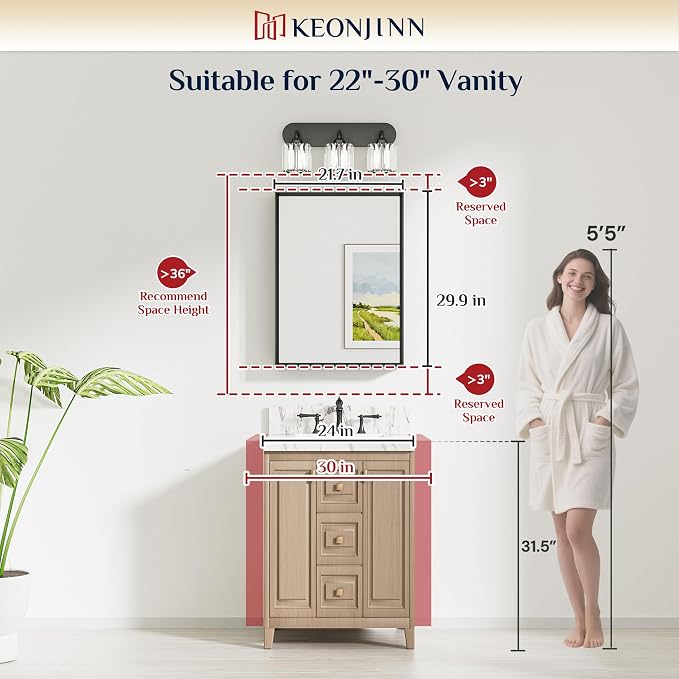 Keonjinn 22 x 30 Inch Matte Black Framed Mirrors for Wall, Rectangular | Metal Framed Bathroom Vanity Mirror, HD Tempered Glass, Farmhouse Style, Square Corner, Hangs Horizontally or Vertically