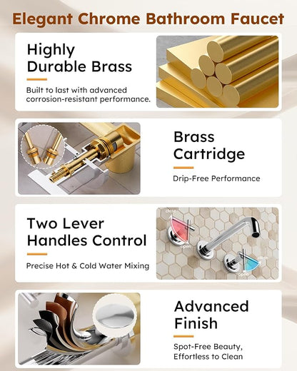 Wall Mount Bathroom Faucet - WOWOW Chrome Bathroom Sink Faucet - 2 Handle Wall Mount Vessel Sink Faucet 3 Holes Elegant Classic Spout Rough in Brass Valve Included