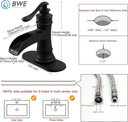 BWE Black Bathroom Faucet Matte Waterfall Sink Farmhouse Bath Vanity Single Hole Faucets One Handle Basin Antique centerset Restroom Mixer Tap Supply Line