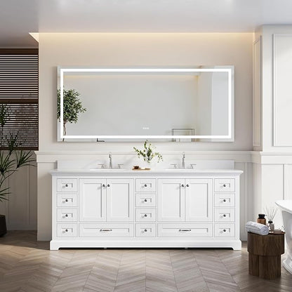 WELLFOR 84 Inch Bathroom Vanity with Double Sinks, Bathroom Freestanding Vanity W/4 Soft-Close Doors and 14 Drawers, Large Storage Space Vanity, Engineered Stone Countertop Vanities, White