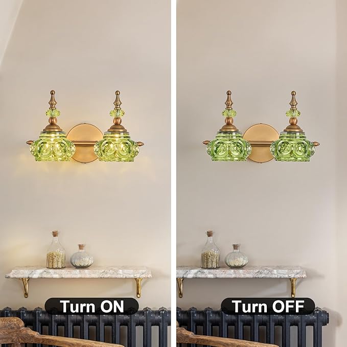 Vintage Vanity Light Fixtures, Green 2-Light Bathroom Lighting, Vintage Wall Sconce with Crystal Glass Shade Rust-Proof and Durable for Bathroom Bedroom Living Room Hallway