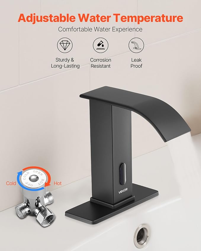 VEVOR Touchless Bathroom Sink Faucet, Automatic Motion Sensor Waterfall Restroom Toilet Faucet with Hole Cover Plate, Battery Operated,Hot/Cold Water for 9/16 in Pipe Commercial Lavatory,Matte Black