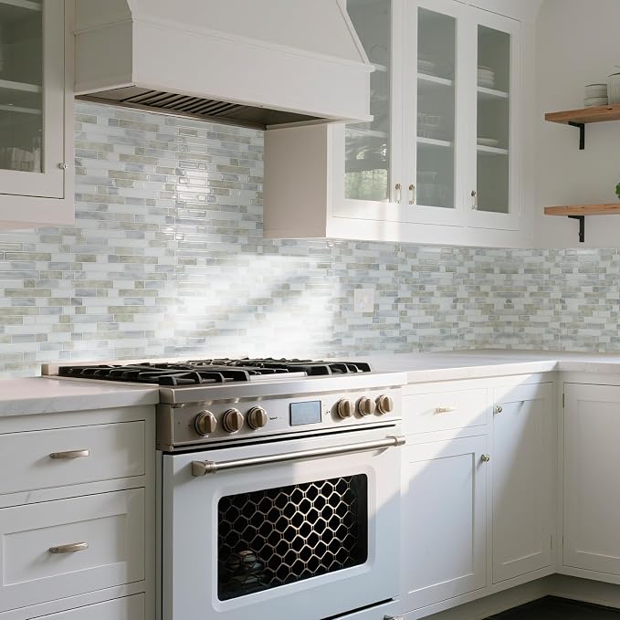 Art3d Linear Design Tile Peel and Stick Backsplash, 10-Sheet, Beige & White | 12 x 12 Inch, Enhanced Thickness, Warp Resistant, Strong Adhesion, Sturdy, for Kitchen, Bedroom, Ideal for Home Improvement