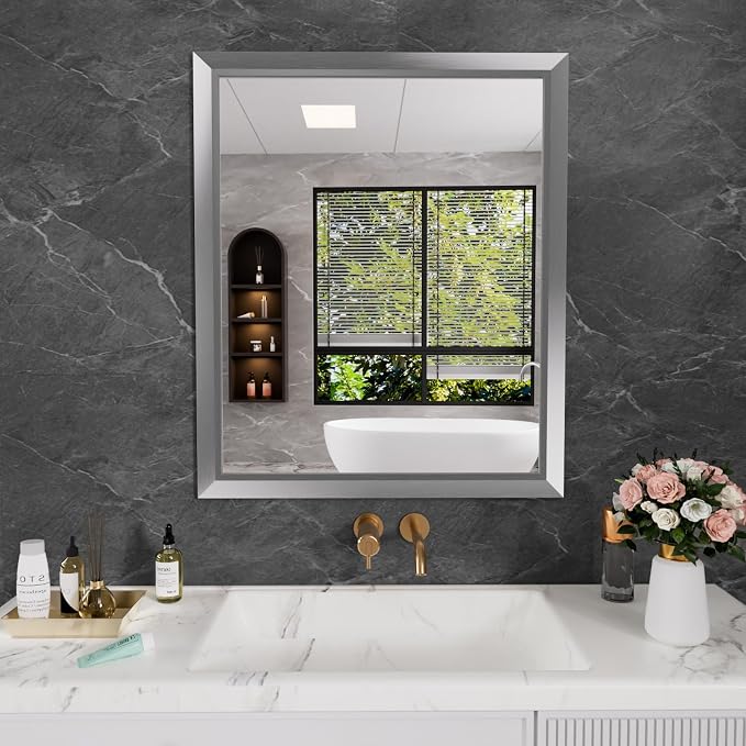 Bathroom Mirror for Wall, 30x36 Inch (Brushed Silver) | HD Reflection, Tempered Glass, Thick Metal Framed Rectangle Mirrors for Over Sink, Bedroom, Living Room, Entryway, Anti-Rust