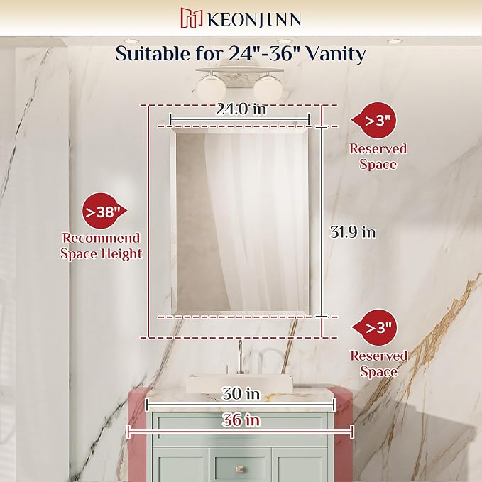 Keonjinn Frameless Bathroom Mirror 24" x 32", Rectangle Mirrors for Wall | Bathroom Vanity Mirror with Beveled Edge, Safety 5mm Temepered Glass, Shatterproof, Modern Decorative for Wall, Living Room