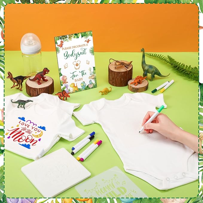Panitay 126 Pcs Baby Shower DIY Bodysuit Set Bib 25 Blank White Newborn Bodysuit 25 Stencils 24 Marker 1 Sign 50 Pins(Dinosaur)