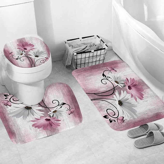 Onalasyc 4PCS Pink Daisy Floral Bathroom Sets with Shower Curtain and Rugs | Country Floral Butterfly Shower Curtain Set,Modern Bathroom Decor Shower Curtains Set with Rugs Toilet Lid Cover and 12 Hooks