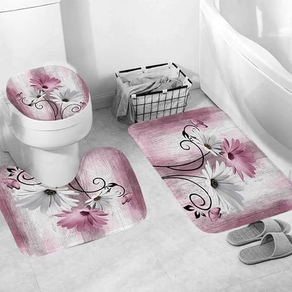 Onalasyc 4PCS Pink Daisy Floral Bathroom Sets with Shower Curtain and Rugs | Country Floral Butterfly Shower Curtain Set,Modern Bathroom Decor Shower Curtains Set with Rugs Toilet Lid Cover and 12 Hooks