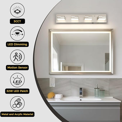 LED Modern Bathroom Vanity Light 4-Light with Motion Sensor Light, 25.5 inch 3CCT Dimmable Nickel Vanity Lights for Bathroom Lighting Fixtures Over Mirror, with 350° Rotatable Acrylic Heads