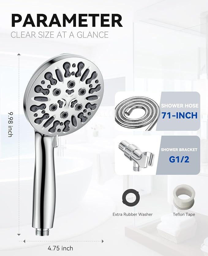 JDO Shower Head with Handheld, High Pressure Handheld Shower Head 9 Settings, Detachable Shower Head Set with Stainless Steel Hose and Shower Bracket (Chrome)