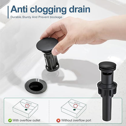 Black Bathroom Faucets, Single Hole Bathroom Sink Faucet Modern Single Handle Mixer Tap Washbasin Vanity Sink Faucet 1 Hole with 3 Hole Deck Plate, Pop Up Drain