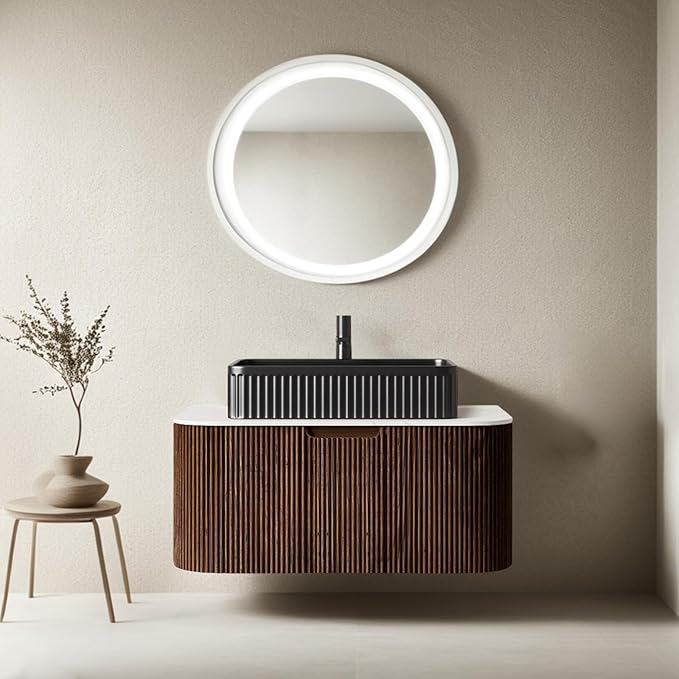 30 inch Floating Bathroom Vanity with Sink, Natural Solid Wood Modern Bathroom Vanities with Ultra-Thin Ceramic Basin and Marble Top, Soft-Close Drawer, Pre-Assembled, Walnut with Black