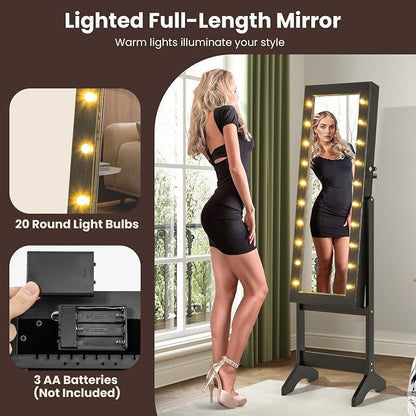 GOFLAME Jewelry Armoire Cabinet Standing, Lockable Full Length Mirror with Storage Shelves and 2 Drawers, Adjustable Tilt Angles, Stand Up Jewelry Box with Lighted Mirror (Black)