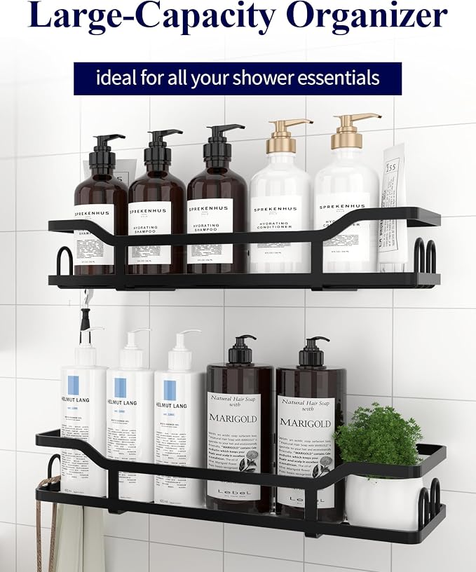 Kitsure Shower Caddy, Adhesive Shower Organizer, X-Large, Black | Stainless Steel Shelf for Inside Shower, No Drill Bathroom Organizers and Storage, Home Decor Accessories
