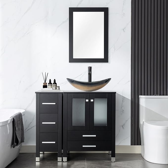 LUCKWIND 36" Bathroom Vanity Combo with Sink, 24"+12.6" Width, Painted Bathroom Storage Cabinet with 5 Drawers, Including Champagne Boat Sink Without Mirror, Black