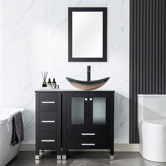 LUCKWIND 36" Bathroom Vanity Combo with Sink, 24"+12.6" Width, Painted Bathroom Storage Cabinet with 5 Drawers, Including Champagne Boat Sink Without Mirror, Black
