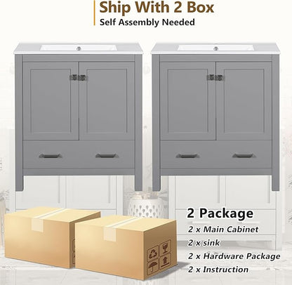 HABITRIO 60" Bathroom Vanity Set with Double Vanities (Separate), Double Ceramic Sinks, Storage Shelf, and Divided Drawers (Mirror not Included), Gray