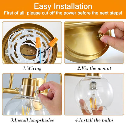 3-Light Vanity Light, Brushed Brass Bathroom Light Fixtures, Farmhouse Wall Sconces with Globe Clear Glass Shade, Porch Wall Mount Lamp for Mirror, Kitchen, Porch, Living Room, Workshop (E26 Base)