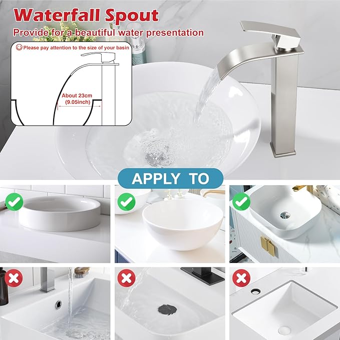 Midanya Waterfall Spout Bathroom Faucet Single Handle 1 Hole Bathroom Sink Faucet,Modern RV Lavatory Vanity Basin Tap with Water Hose,No Drain,Tall Body,Brushed Nickel
