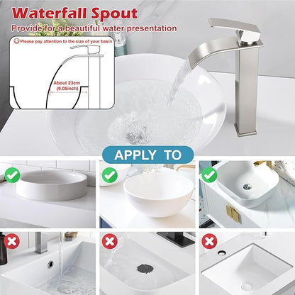 Midanya Waterfall Spout Bathroom Faucet Single Handle 1 Hole Bathroom Sink Faucet,Modern RV Lavatory Vanity Basin Tap with Water Hose,No Drain,Tall Body,Brushed Nickel