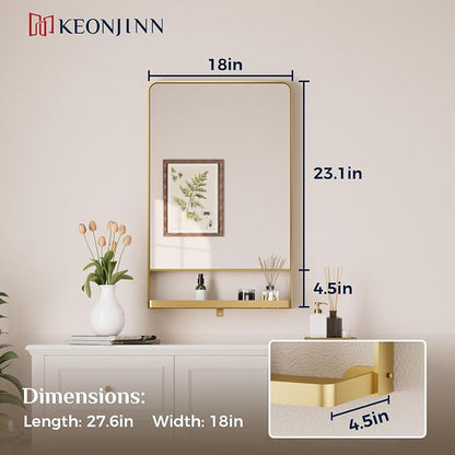Keonjinn 18" x 28" Gold Bathroom Mirror with Shelf, Rounded Corner | Rust-Resistant, Rectangle Metal Bathroom Vanity Mirror with Storage, French Cleat Mount, Entryway, Bedroom, Hallway, Décor
