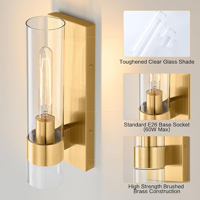 Gold Wall Sconces Set of 2, Modern Bathroom Sconces Wall Lighting Vanity Light Fixtures with Clear Glass, Bathroom Sconces Set of 2, Indoor Wall Sconce for Bathroom Living Room Bedroom