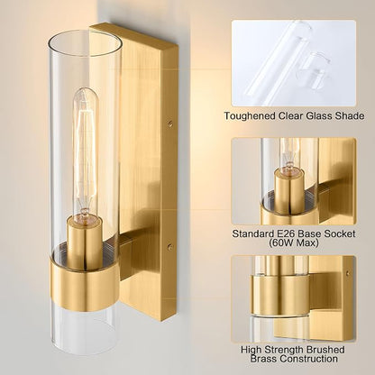Gold Wall Sconces Set of 2, Modern Bathroom Sconces Wall Lighting Vanity Light Fixtures with Clear Glass, Bathroom Sconces Set of 2, Indoor Wall Sconce for Bathroom Living Room Bedroom