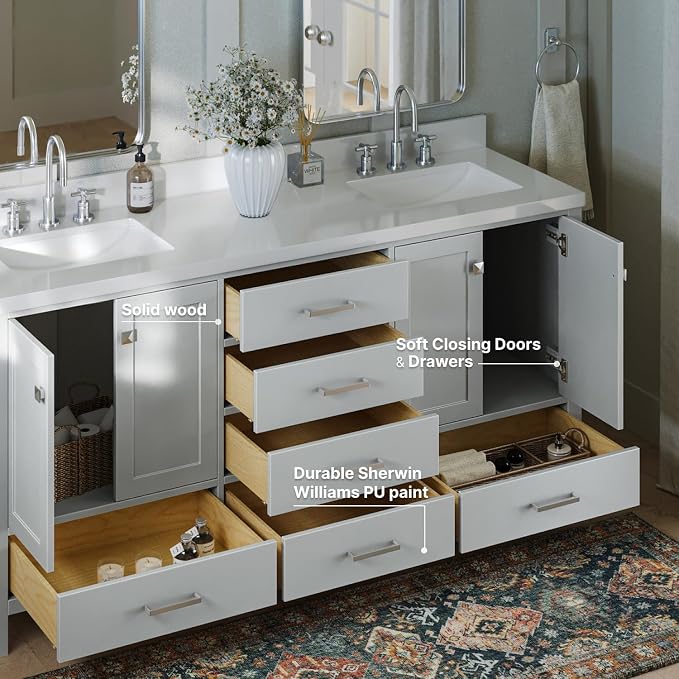 ARIEL Cambridge 72-inch Bathroom Vanity with Sink,Solid Wood, 1.5-inch Pure White Quartz Countertop & Backsplash, Double Rectangular Porcelain Sink, 4 Soft Closing Doors, 6 Dovetail Drawers, Grey