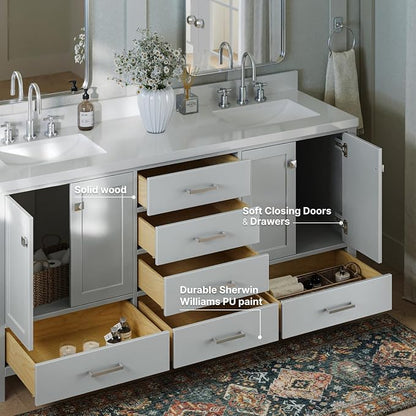 ARIEL Cambridge 72-inch Bathroom Vanity with Sink,Solid Wood, 1.5-inch Pure White Quartz Countertop & Backsplash, Double Rectangular Porcelain Sink, 4 Soft Closing Doors, 6 Dovetail Drawers, Grey