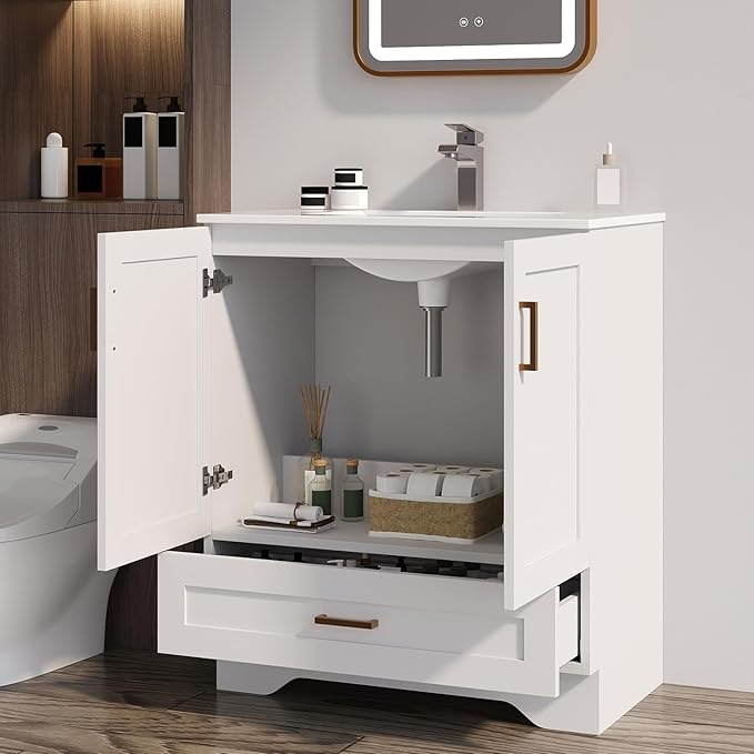 30 inch Bathroom Vanity with Sink, Modern White Vanity for Bathroom with Undermount Ceramic Sink, Freestanding 2-Door & 1-Drawer Storage Cabinet, for Small Bathroom Space, (White, 30")