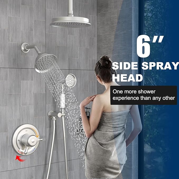 Antique Brass Shower System, 9" & 6" Dual Rain Heads and Handheld Spray Vintage Fixtures, 3-Function Dual Knob Valve with Separate Temperature Control, Brused Nickel